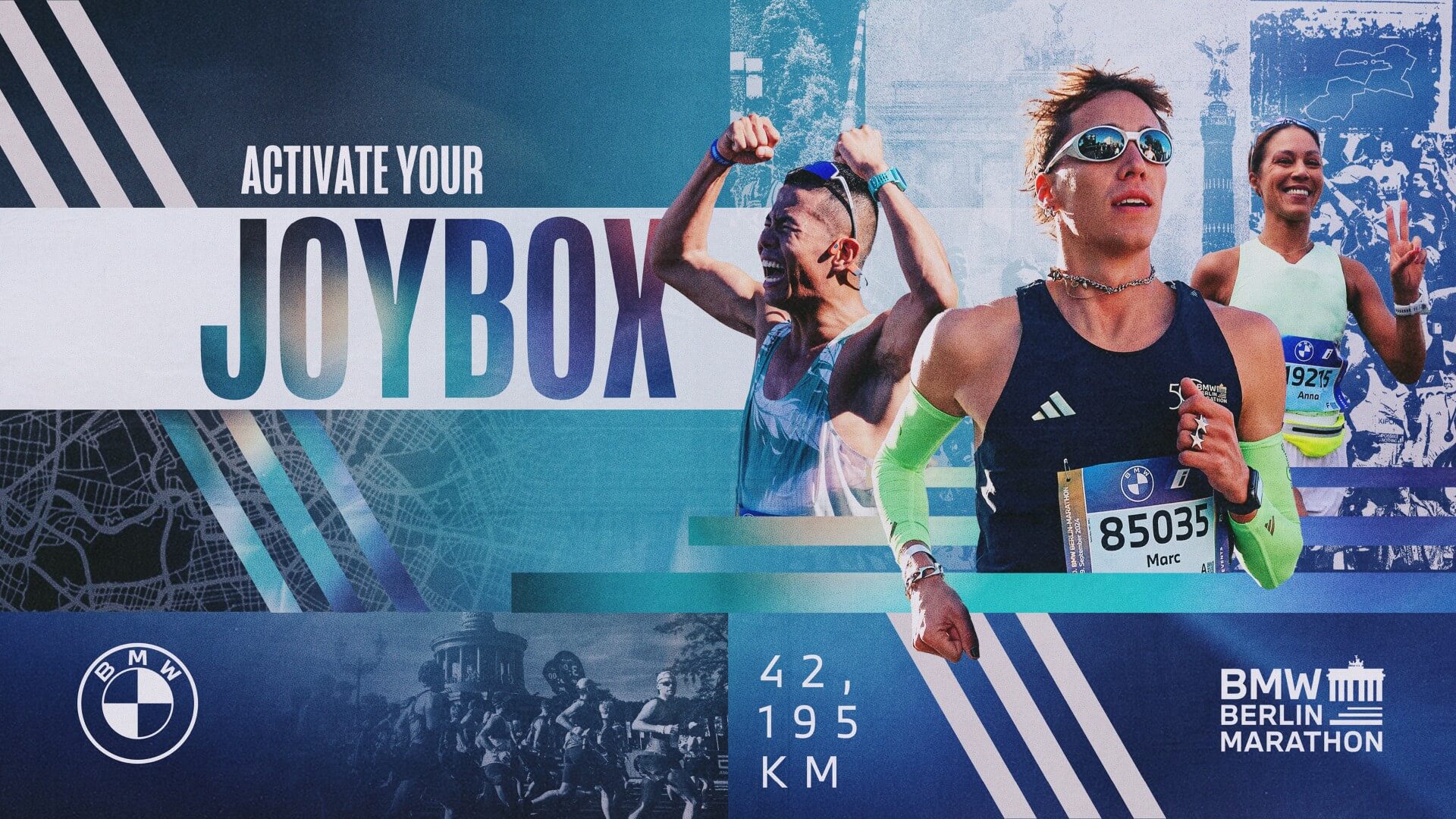 Fotomontage mit Ausschnitt der Strecke, Sportler:innen und Text "Acticate your Joybox"